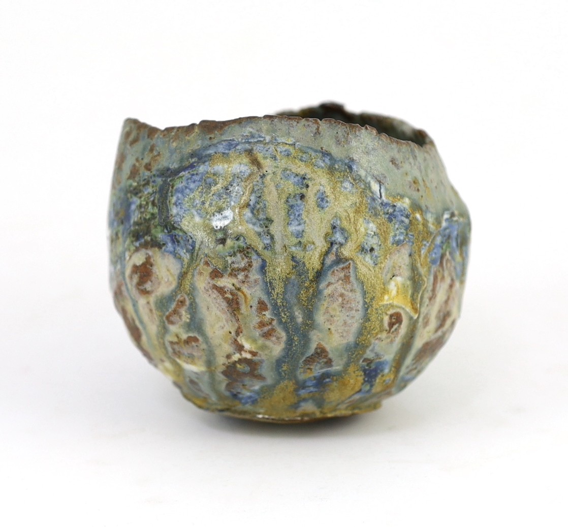 Ewen Henderson (1934-2000), a hand-built mixed laminated clay unomi cup, 10cm across 9cm high